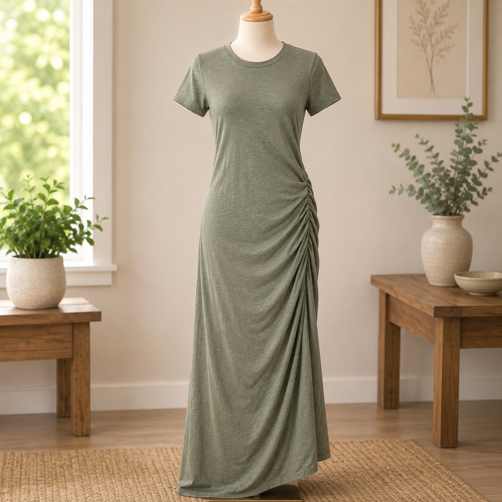 Treasure & Bond Green Ruched Side‎ Short Sleeve T-Shirt Midi Dress XS